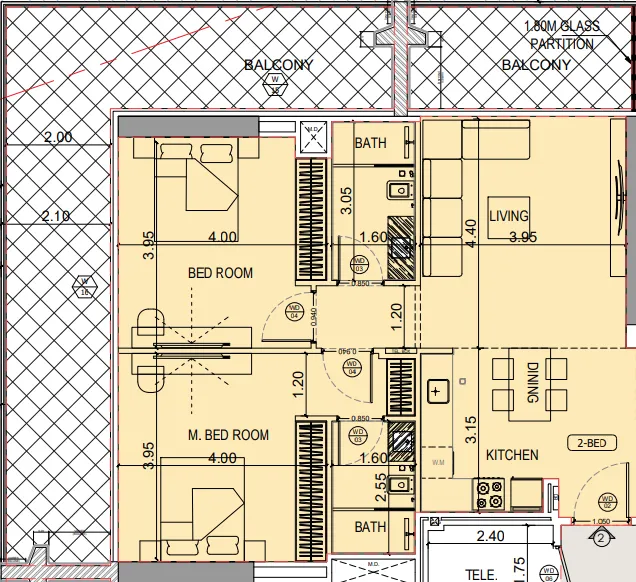 Binghatti Starlight 2 bed floor plan, 1,366 sqft