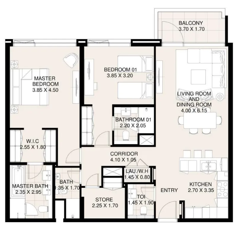 Canal Front Residences 3 and 4 2 bed floor plan, 1,350 sqft