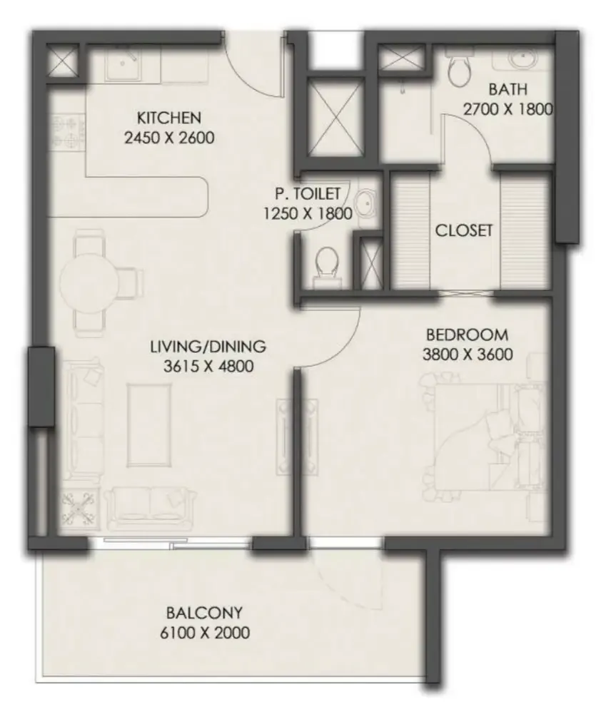 Park Residency 1 bed floor plan, 743 sqft