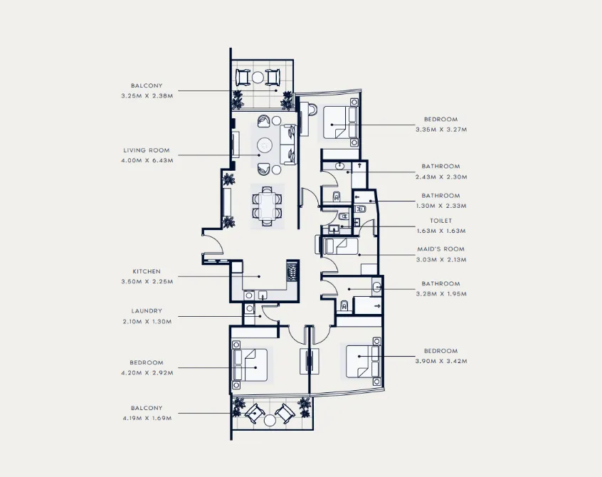 Azizi Venice 3 bed floor plan, 1,617 sqft