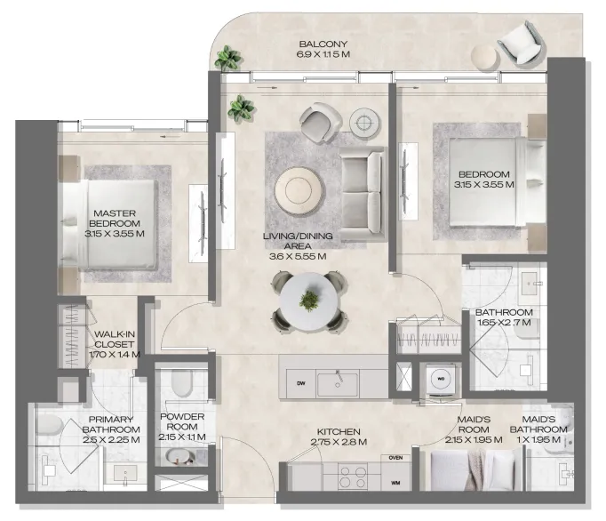 DWTN Residences 2 bed floor plan, 1,103 sqft