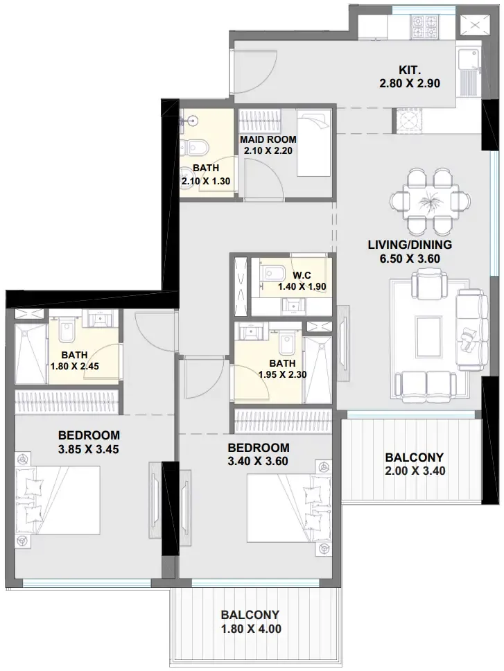 Ayaan Heights 1 2 bed floor plan, 1,295 sqft
