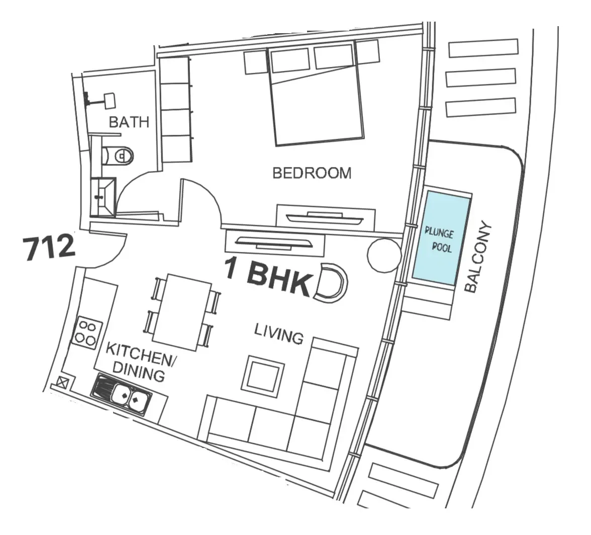 Villa Del Garda 1 bed floor plan, 727 sqft