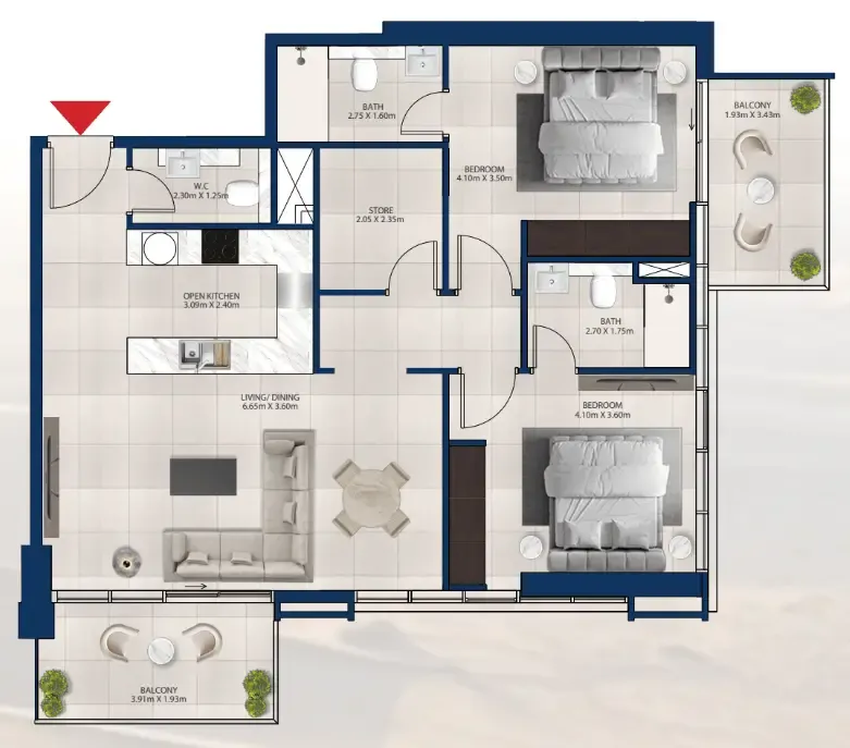 Al Vista 2 bed floor plan, 1,182 sqft