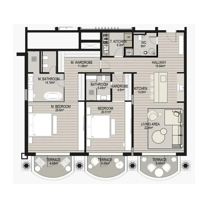 Raffles The Palm Dubai 2 bed floor plan, 2,050 sqft