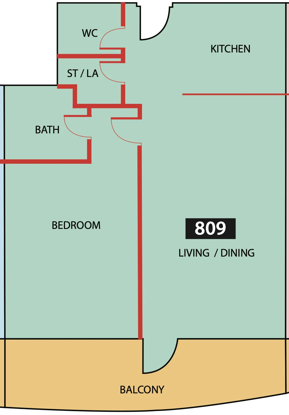 Paradise View 1 1 bed floor plan, 895 sqft