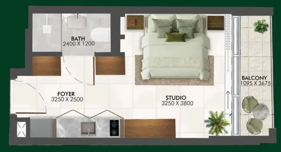 Enchante Studio floor plan, 382 sqft