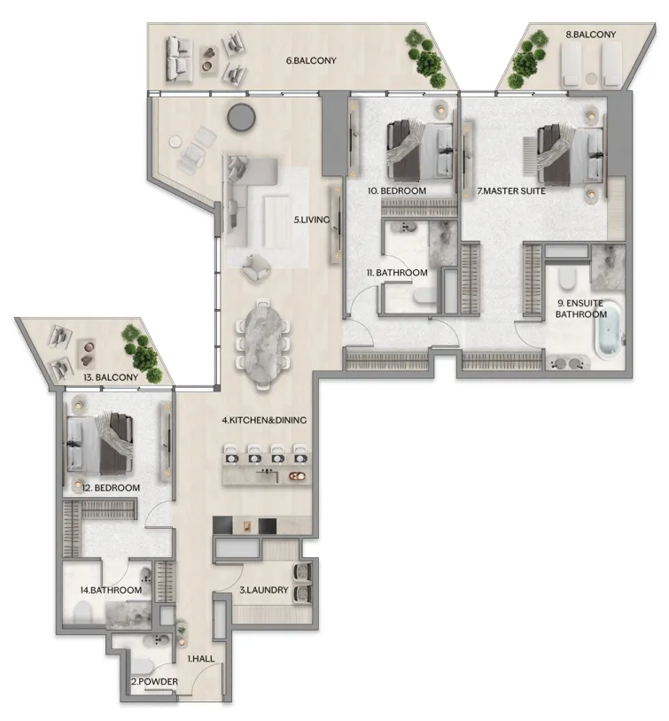 Riviera Residence 3 bed floor plan, 2,359 – 2,459 sqft