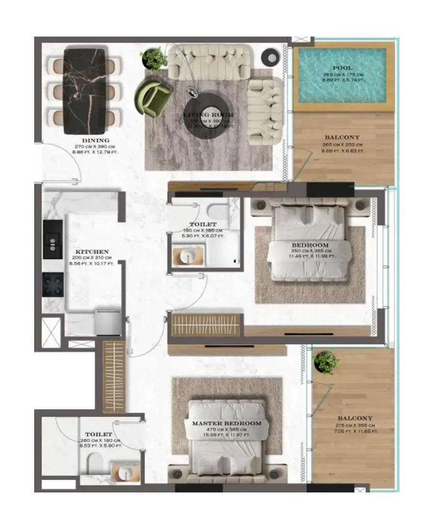 Lazord by Lapis Phases 1 and 2 2 bed floor plan, 1,118 sqft