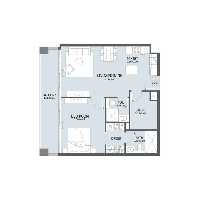Al Ghaf 2 1 bed floor plan, 859 sqft