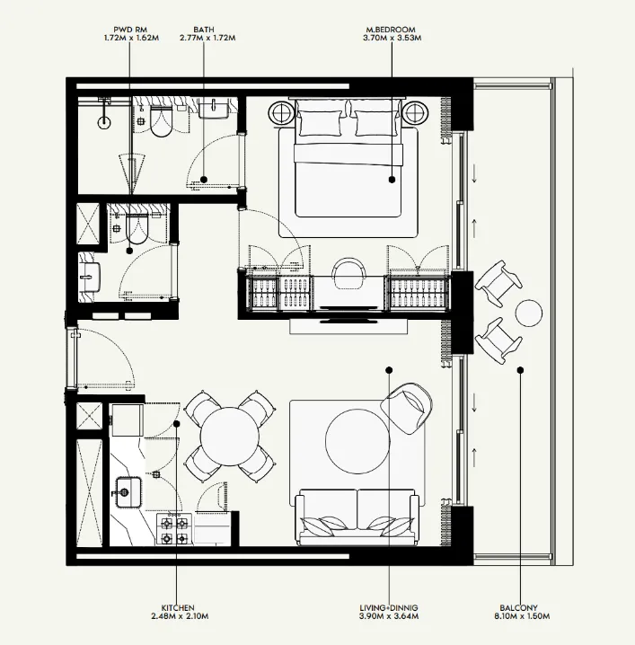 Azizi Venice 1 bed floor plan, 689 sqft