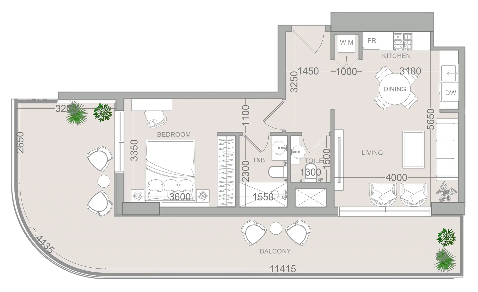 ELAR1S Sky 1 bed floor plan, 982 sqft