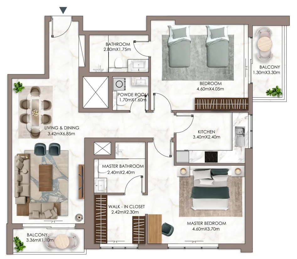 Ajman Creek Towers 2 bed floor plan, 1,781 sqft