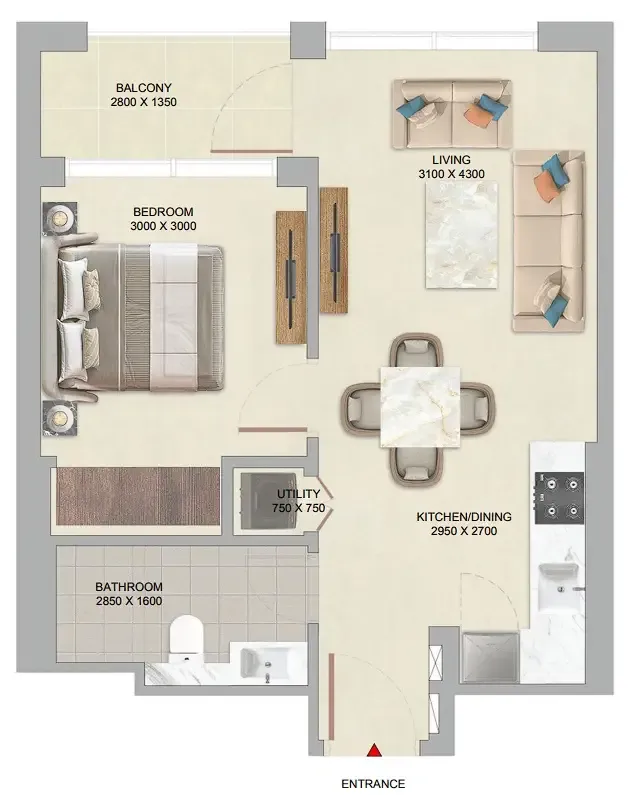 The Woods Abode at Sobha Sanctuary 1 bed floor plan, 543 sqft