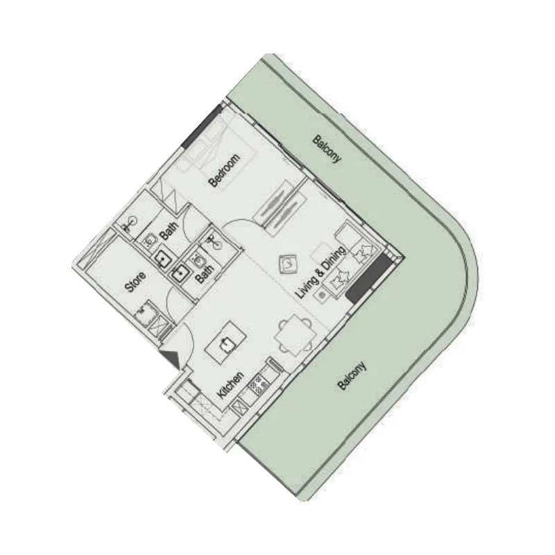 15 Cascade Featured by Versace Ceramics 1 bed floor plan, 1,223 sqft