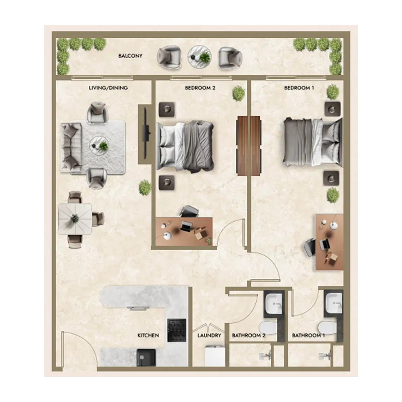Greenfield Living 2 bed floor plan, 1,083 – 1,138 sqft