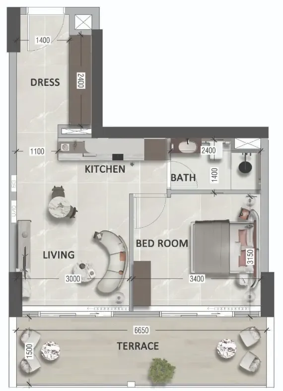 South Lofts 1 bed floor plan, 544 sqft