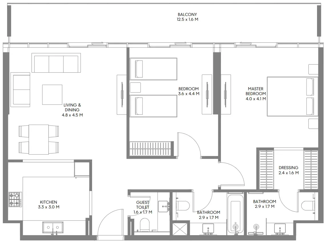 The Gate 5 2 bed floor plan, 1,298 sqft