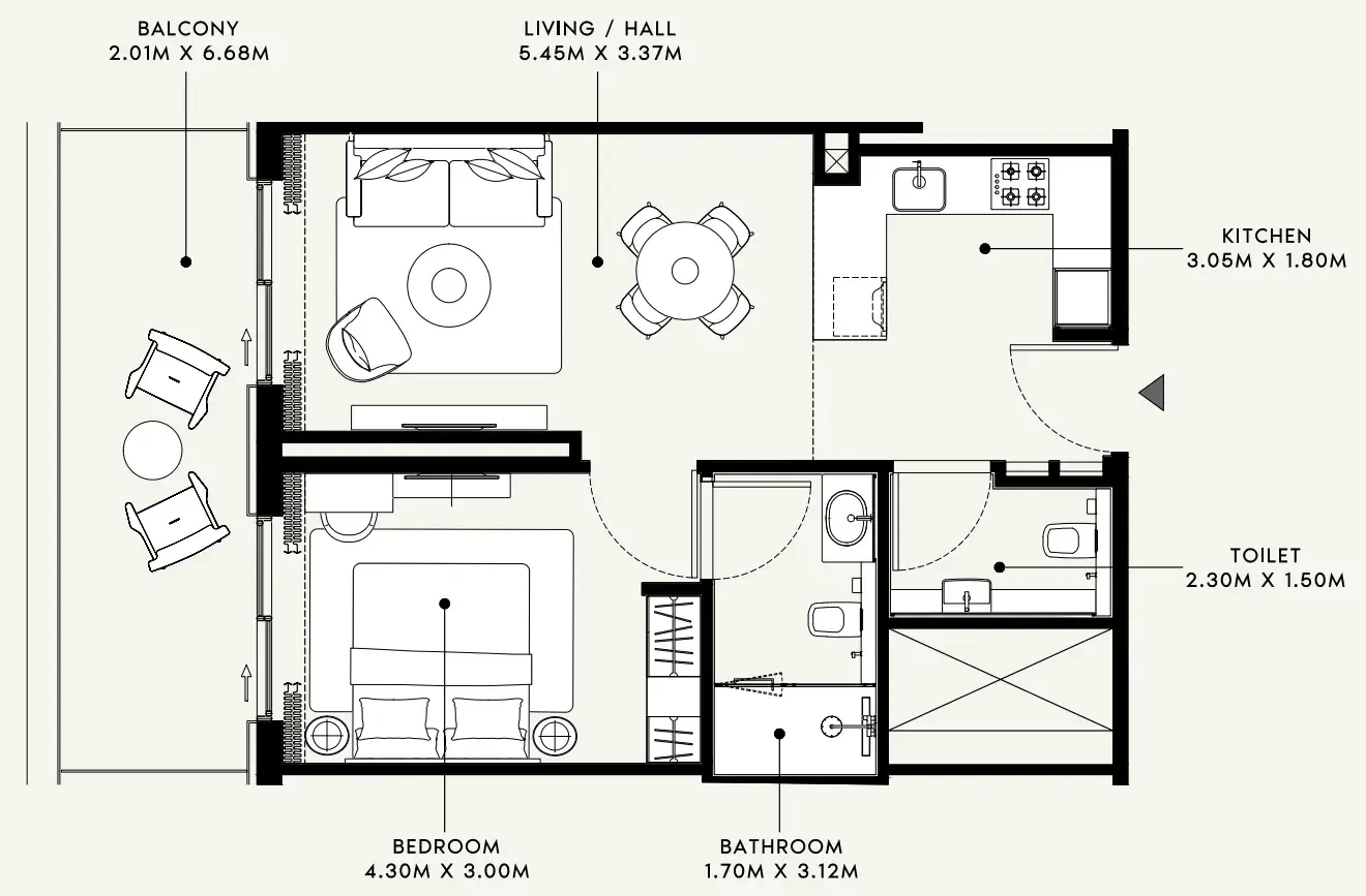 Azizi Venice 1 bed floor plan, 742 sqft