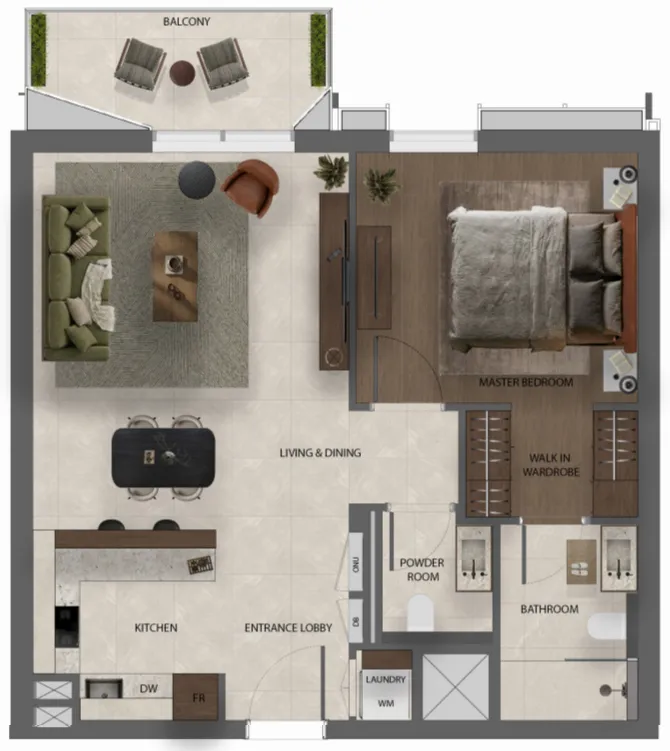 Sei Saadiyat 1 bed floor plan, 747 – 748 sqft