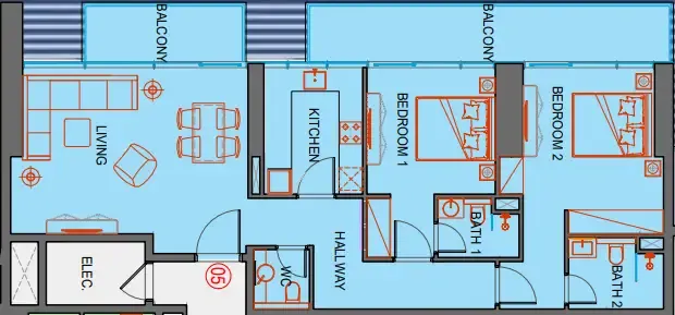 SkyGate Tower 2 bed floor plan, 1,217 – 1,218 sqft