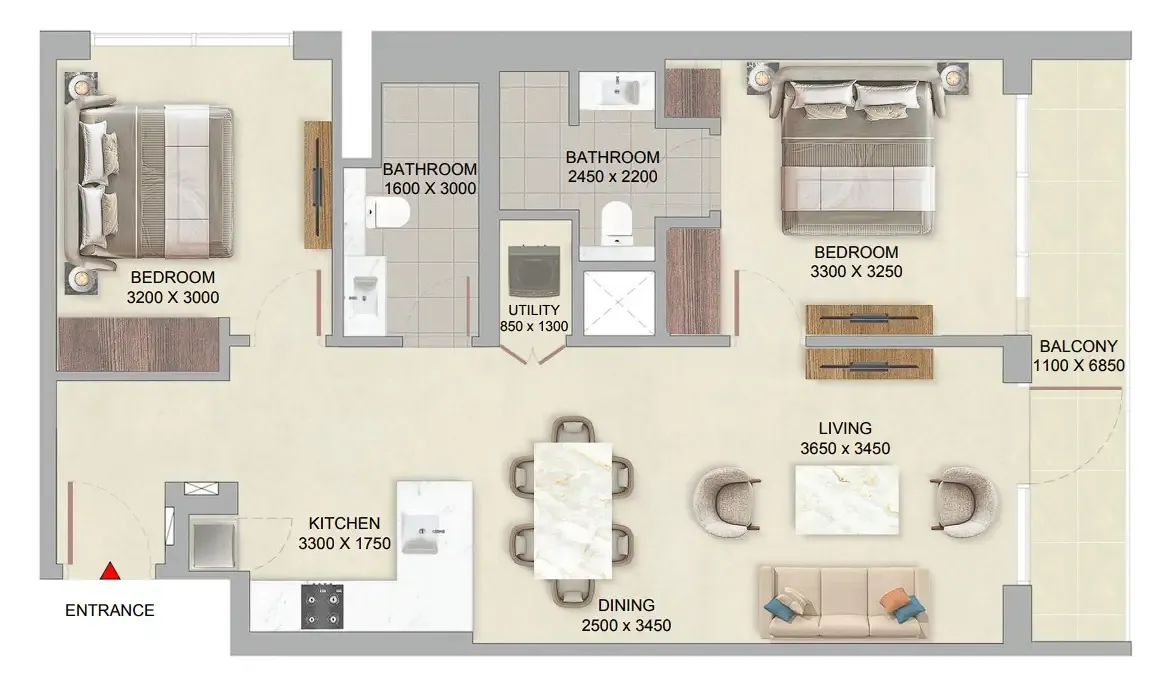 The Woods Abode at Sobha Sanctuary 2 bed floor plan, 964 sqft