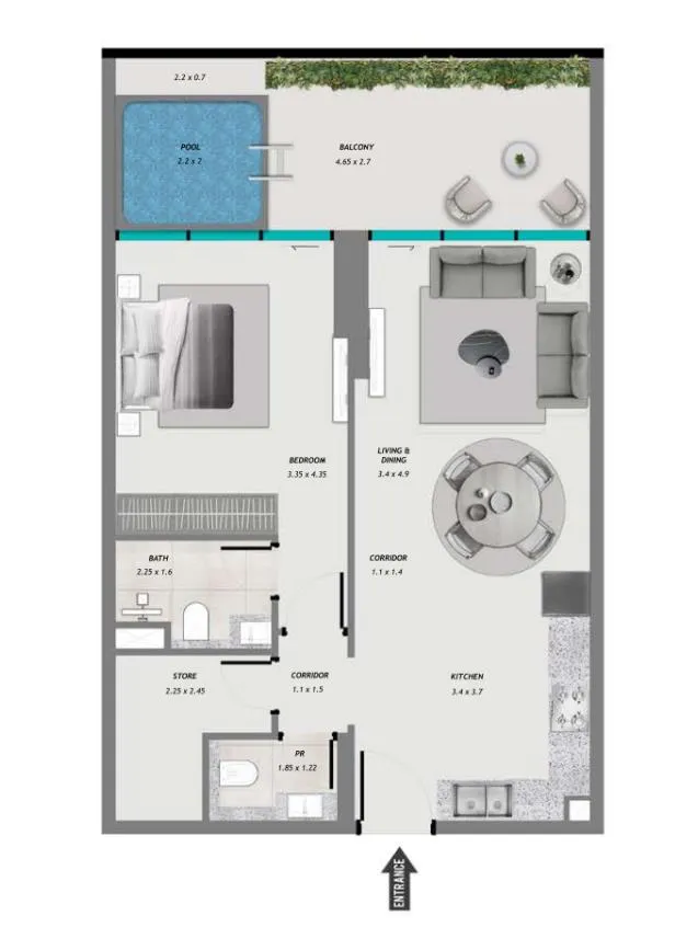 Samana Resorts 1 bed floor plan, 871 sqft