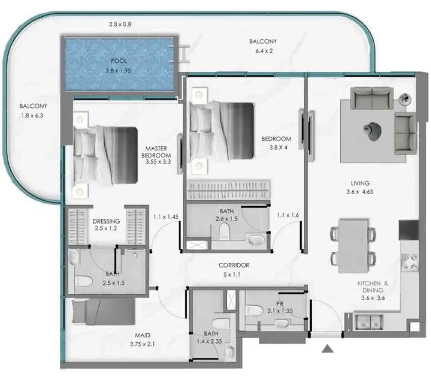 Samana Ocean Bay 2 bed floor plan, 1,391 sqft