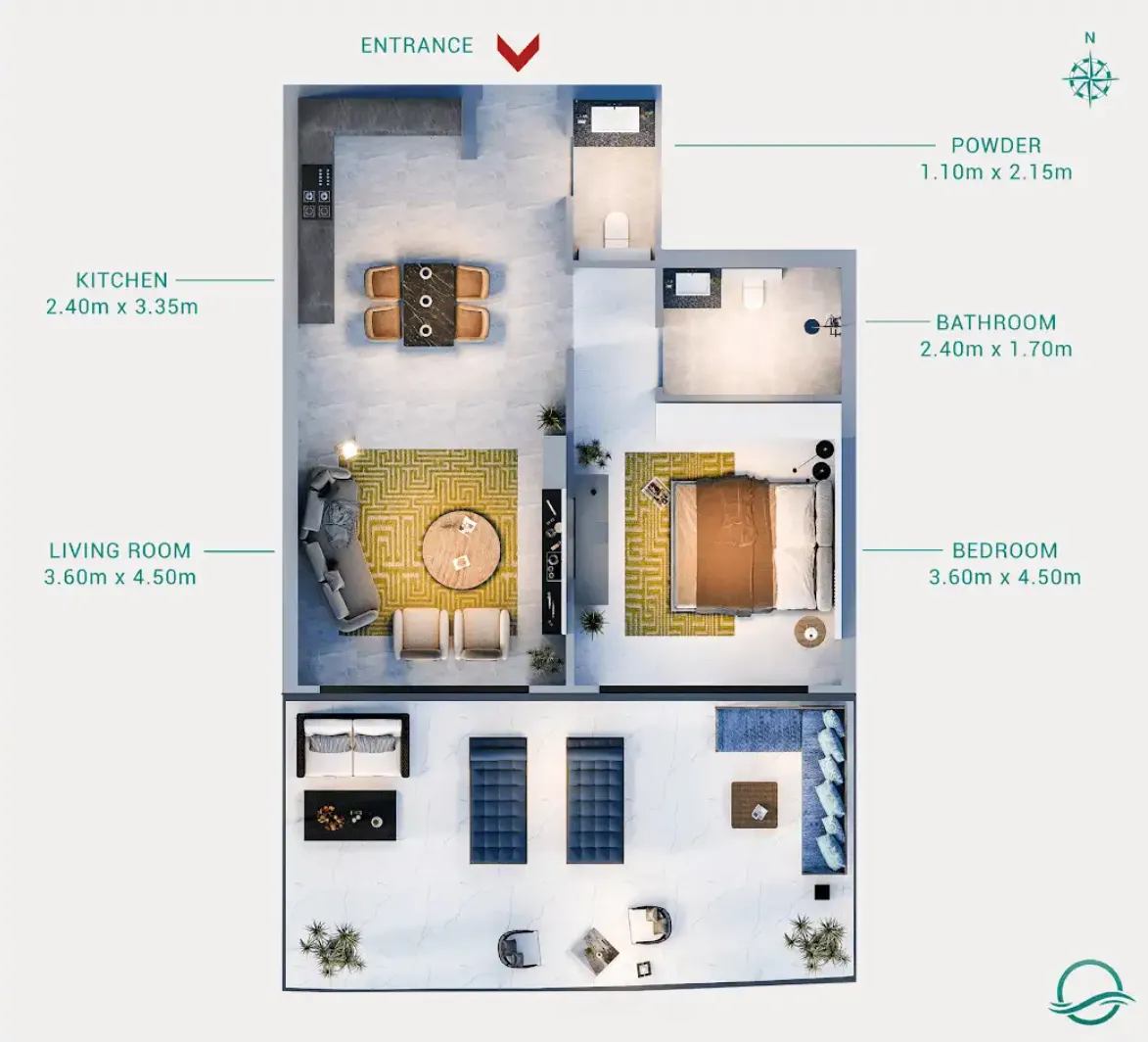 Milos 1 bed floor plan, 907 sqft