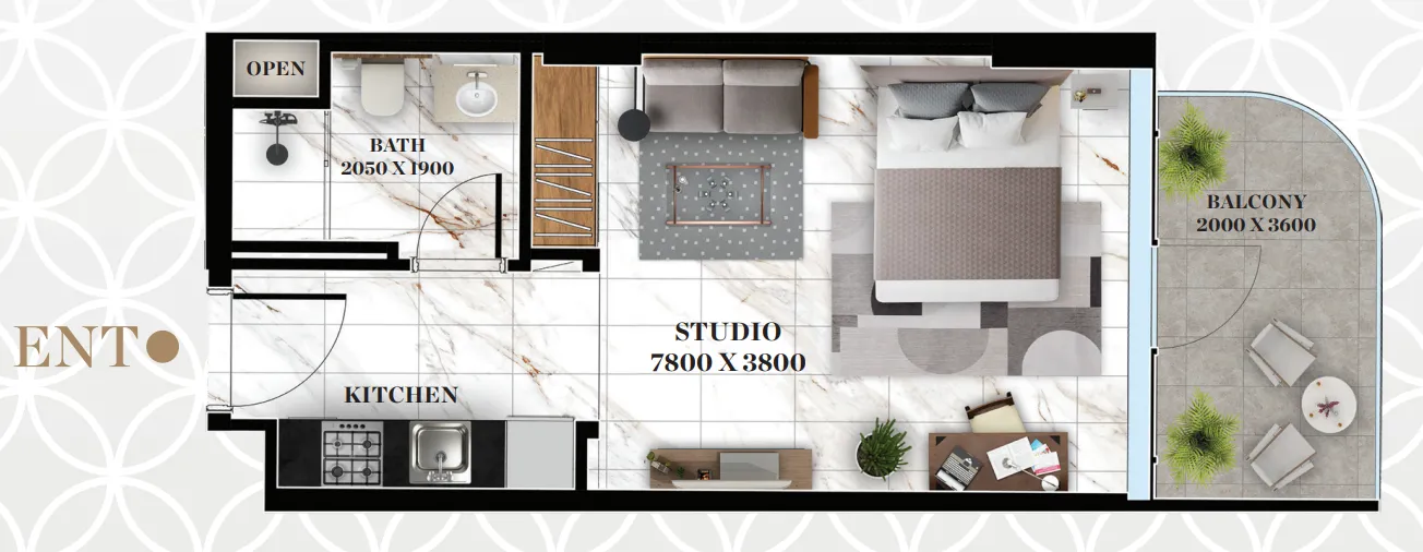 Empire Livings Studio floor plan, 409 sqft