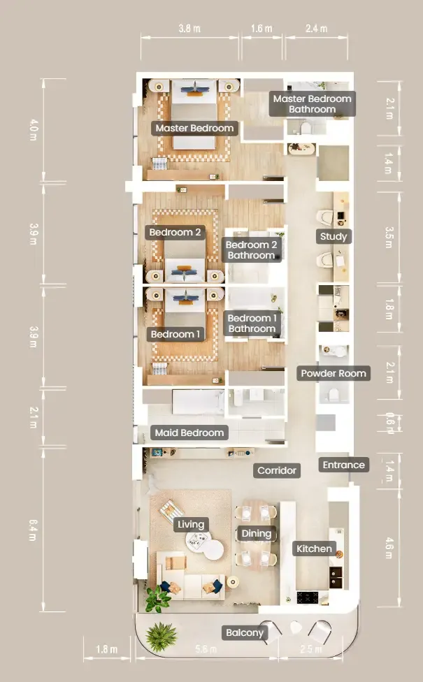 The Beach House Fahid 3 bed floor plan, 1,970 sqft