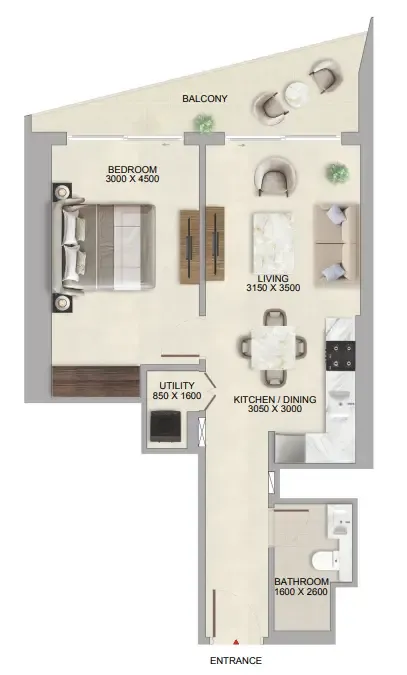 The Tranquil at Sobha Central 1 bed floor plan, 695 sqft