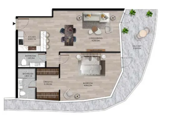 The Beach House 1 bed floor plan, 1,399 sqft