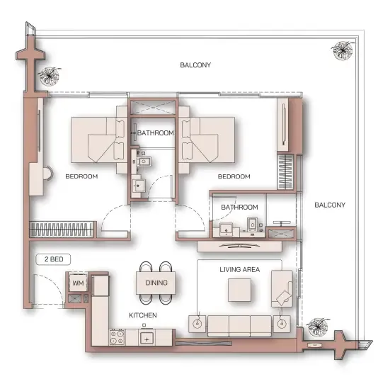 Binghatti Pinnacle 2 bed floor plan, 1,324 sqft