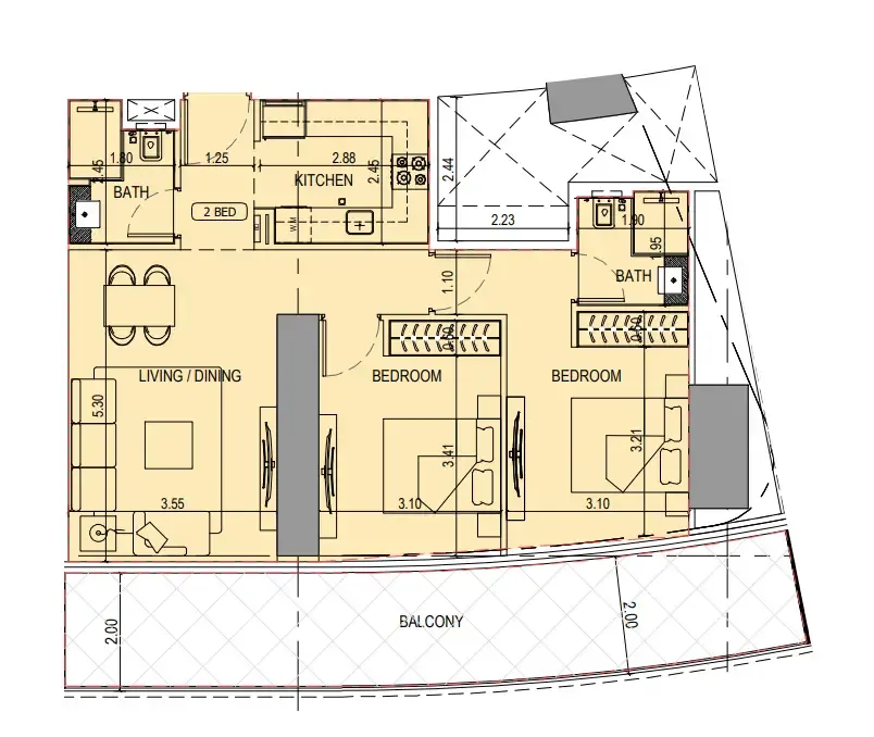 Binghatti Sky Terraces 2 bed floor plan, 1,098 sqft