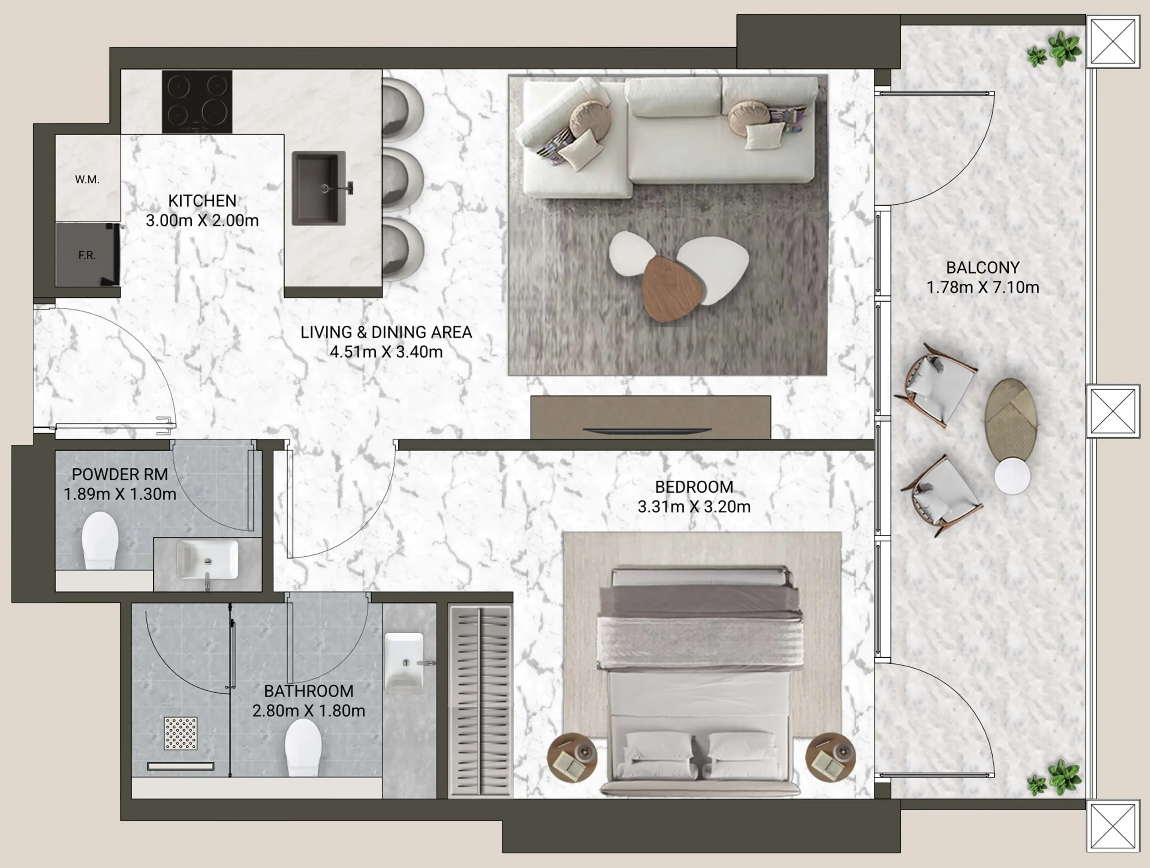V-Suites 1 bed floor plan, 700 sqft