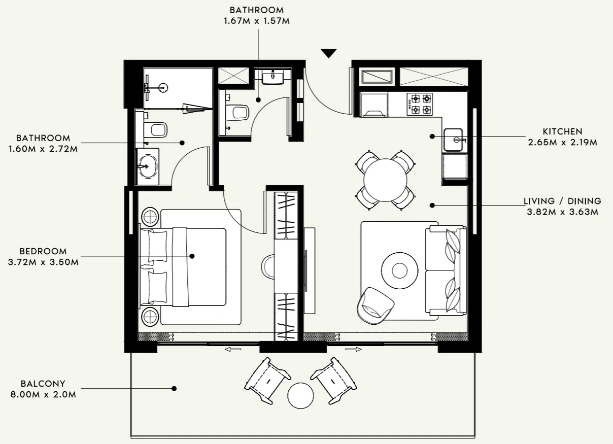 Azizi Venice 1 bed floor plan, 724 sqft