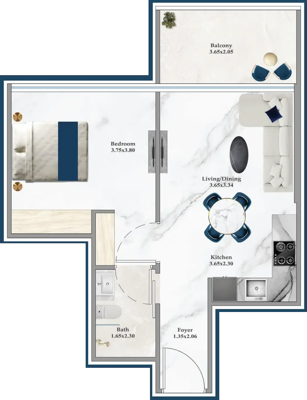 Serenz 1 bed floor plan, 552 sqft