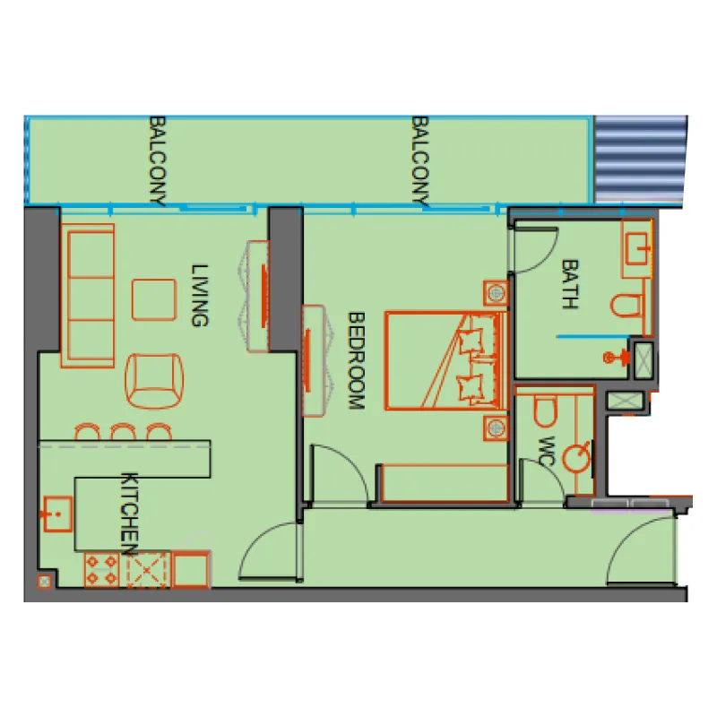 SkyGate Tower 1 bed floor plan, 828 sqft