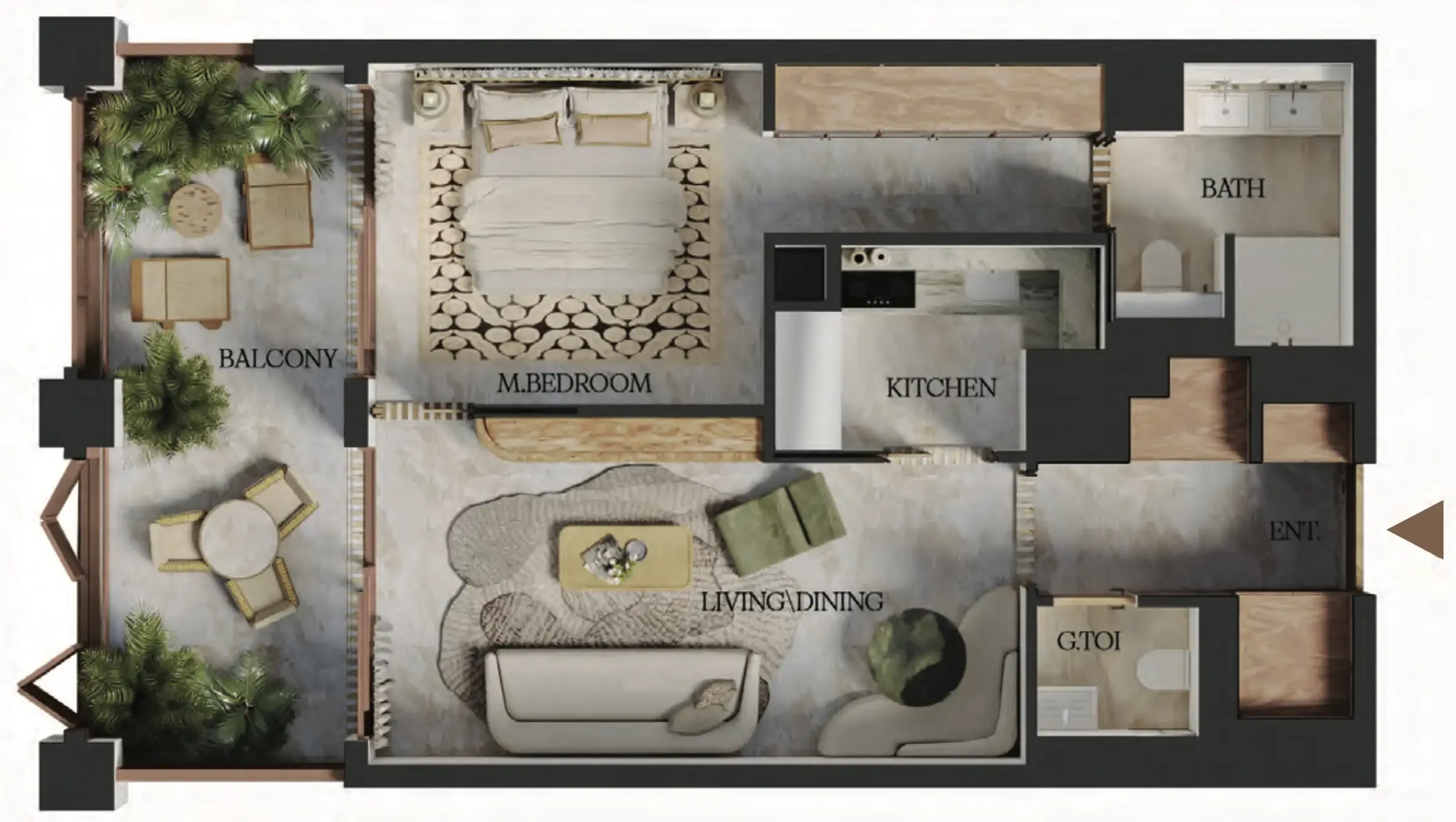Elire Managed by LUX 1 bed floor plan, 655 – 734 sqft