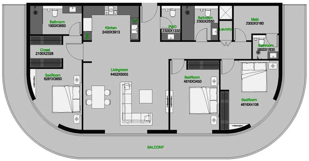 The Central Downtown 3 bed floor plan, 2,225 sqft