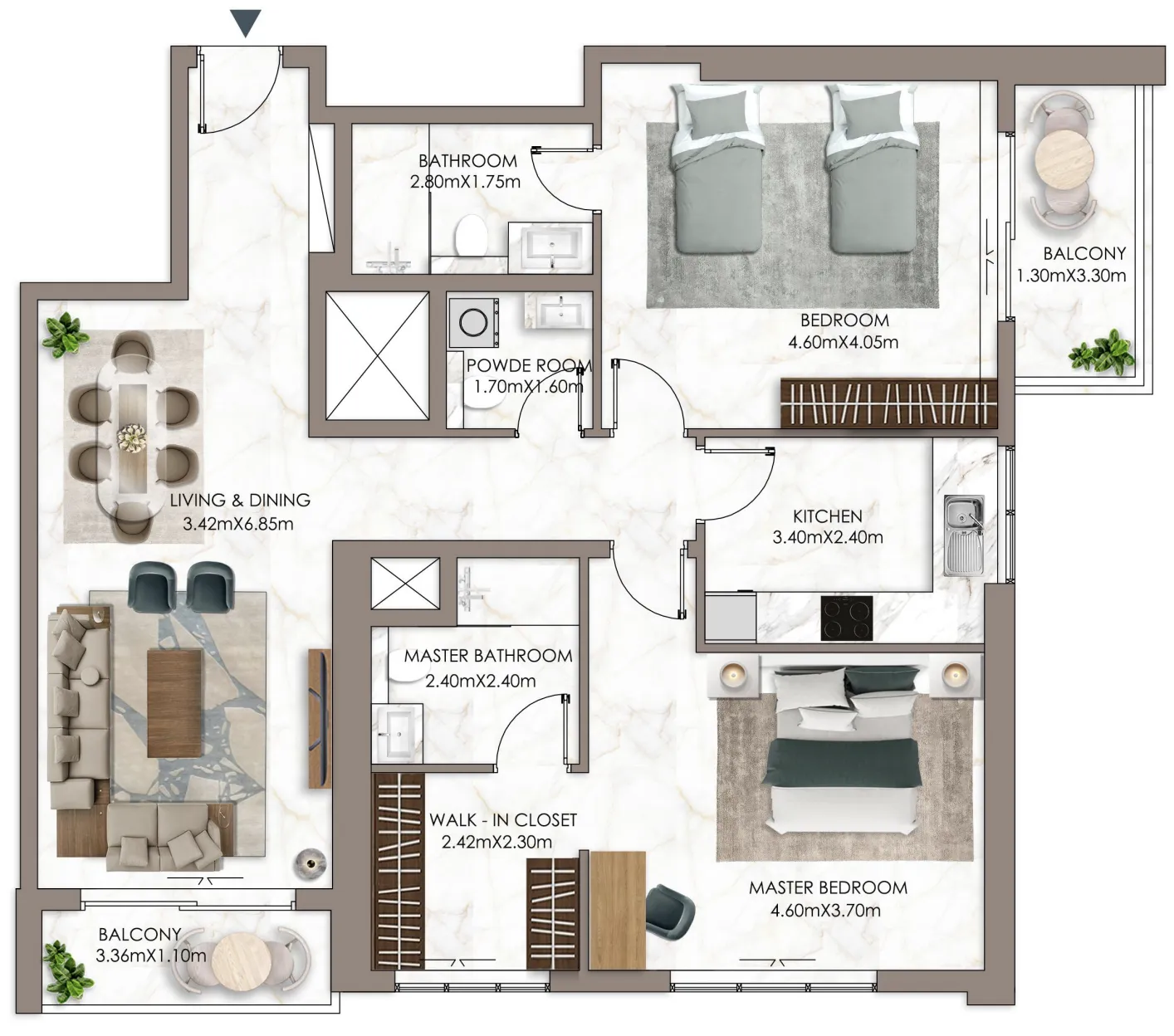 Ajman Pearl Tower 2 bed floor plan, 1,777 sqft