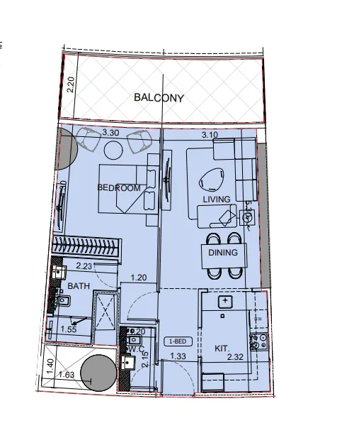 Binghatti Aquarise 1 bed floor plan, 813 sqft
