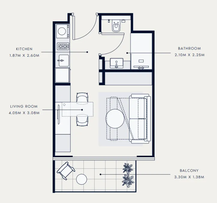 Azizi Venice Studio floor plan, 333 – 334 sqft