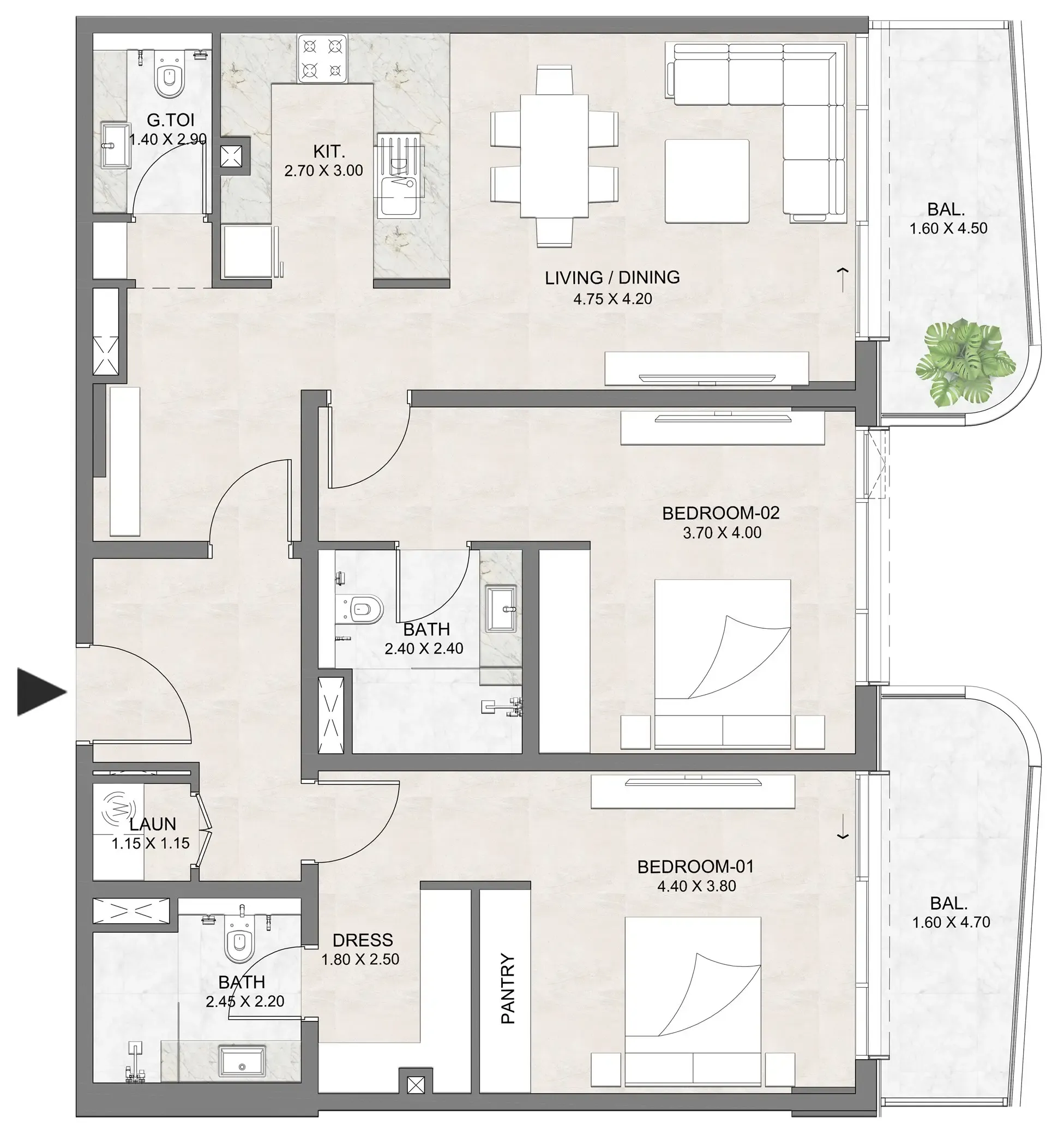Luzora Residence 2 bed floor plan, 1,421 sqft