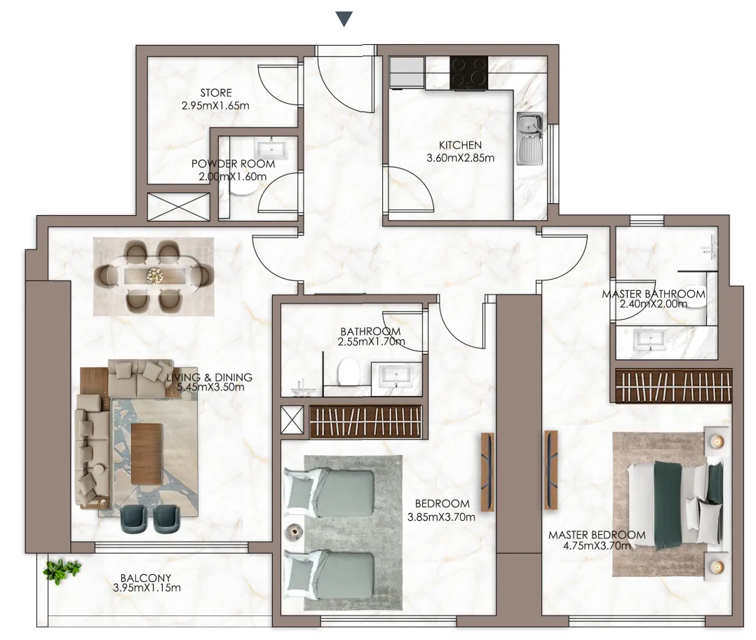 Sky Gardens Tower 2 bed floor plan, 1,552 sqft