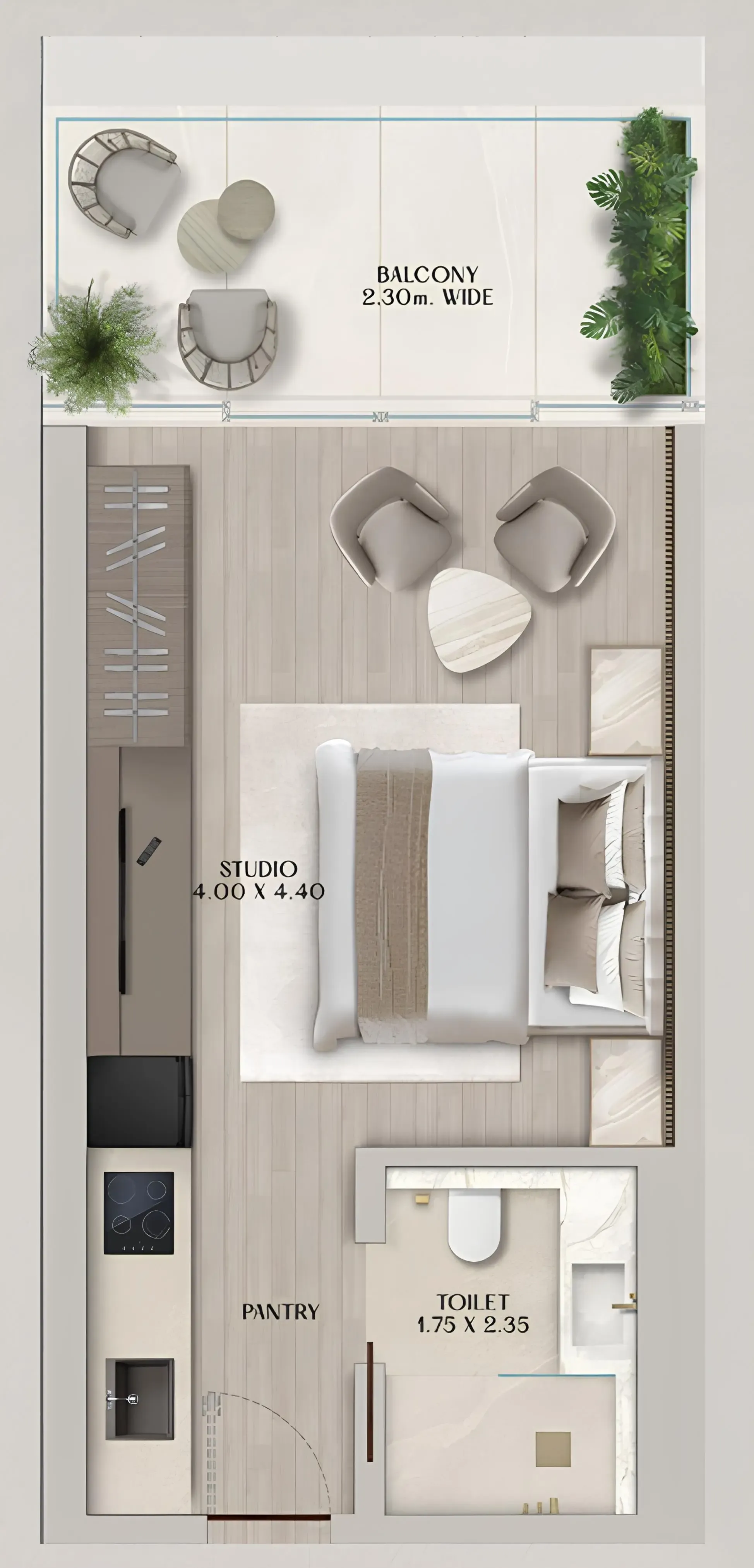 Soléva Beach Residences Studio floor plan, 426 sqft
