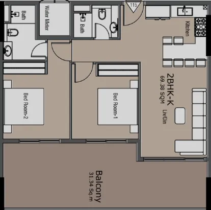 Golden Woods Albab Views 2 bed floor plan, 1,084 sqft