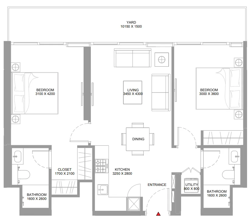 Pierside Marina Residences 2 bed floor plan, 953 sqft