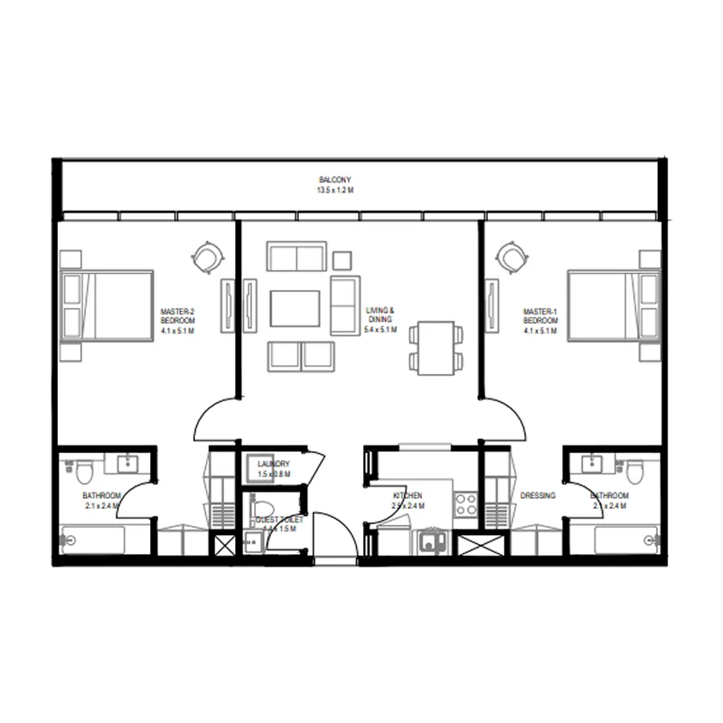 Nesba 1 Aljada 2 bed floor plan, 1,558 – 1,639 sqft